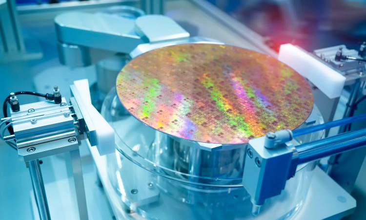 a semiconductor wafer undergoing processing in a manufacturing facility.