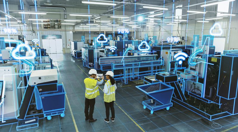 Illustration of smart factory floor with robots, digital twin interfaces, and connected sensors