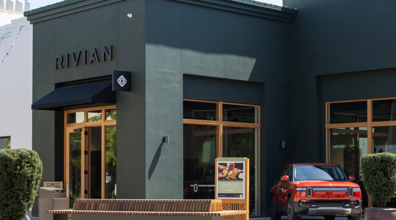 Exterior view of the Rivian Space at Bridgeport Village in Tigard, Oregon