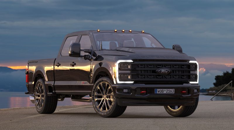 Ford Super Duty trucks parked at a dealership, highlighting vehicle models impacted by the 2025 rearview camera recall