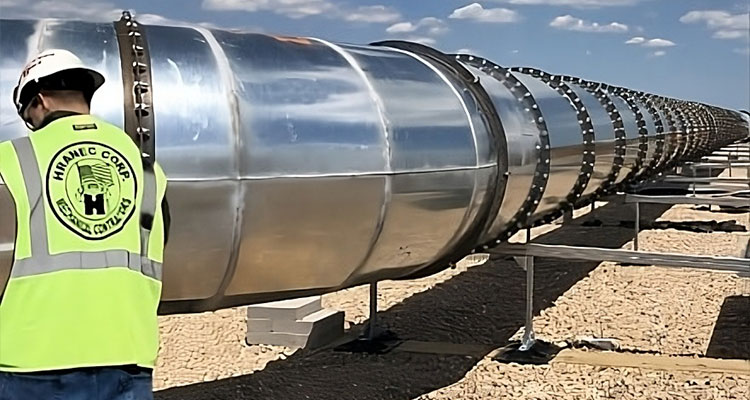 a section of a Hyperloop system being constructed, with a worker from Hranec Corp. in the foreground