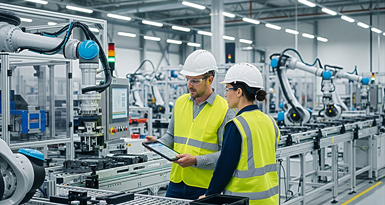 two factory workers, wearing hard hats and high-visibility vests, examining a tablet in a modern manufacturing facility