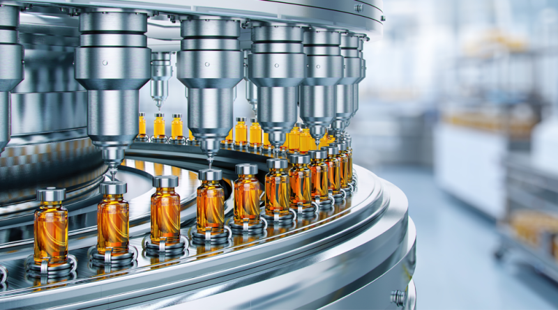 Conveyor with medical ampoules line at a modern pharmaceutical plant
