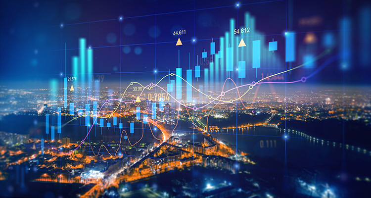 conceptual visualization representing financial data and market trends over a city landscape