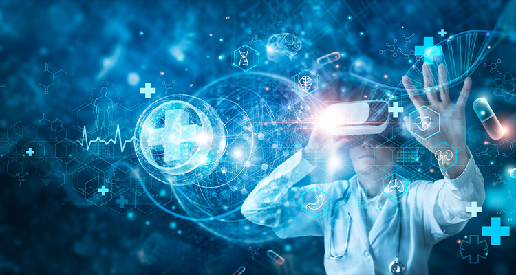 a medical professional wearing virtual reality (VR) glasses and a lab coat with a stethoscope, interacting with a futuristic, holographic interface