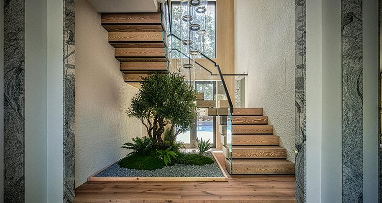 a modern interior design featuring a floating staircase with an integrated indoor garden area.