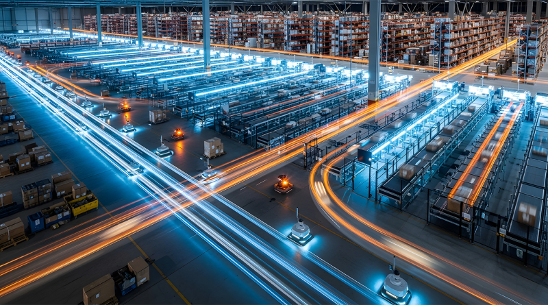 Automated warehouse with AI-powered robots and conveyor systems transporting packages under bright blue and orange light trails, symbolizing high-speed logistics and smart manufacturing.