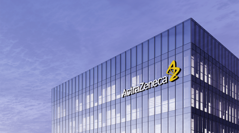 Glass-fronted AstraZeneca office building with the company’s logo prominently displayed against a purple-tinted evening sky.