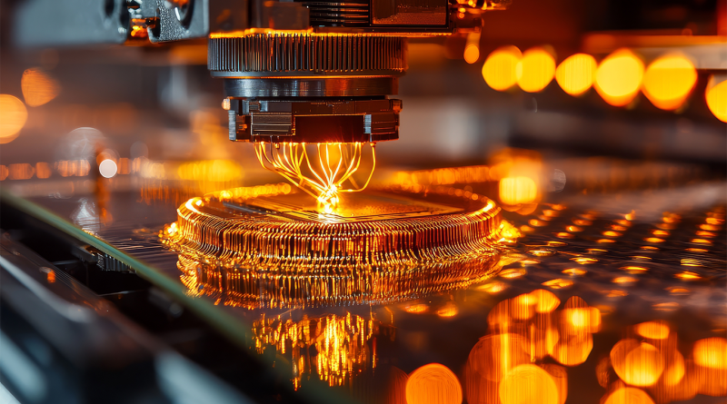 Close-up view of semiconductor manufacturing equipment with glowing orange circuitry, showing a chip being precisely connected under high-tech machinery in a cleanroom environment.