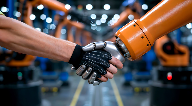 A human worker and a collaborative robot shaking hands on a factory floor, symbolizing partnership between humans and automation in modern manufacturing.