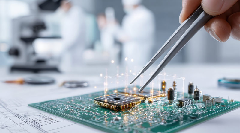 Close-up of tweezers placing a microchip on a circuit board in a cleanroom lab, with engineers blurred in the background.