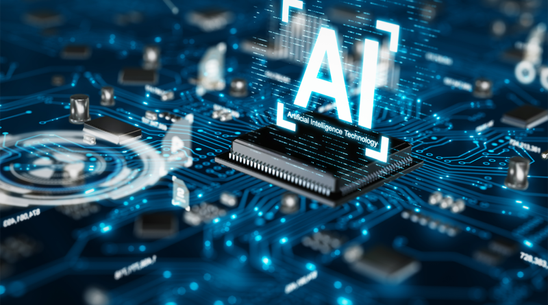 A glowing digital representation of an AI processor integrated into a complex blue circuit board, symbolizing modern manufacturing technology.