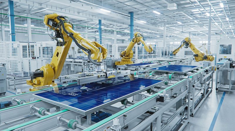 Industrial robotic arms operating on a North American manufacturing production line in 2025