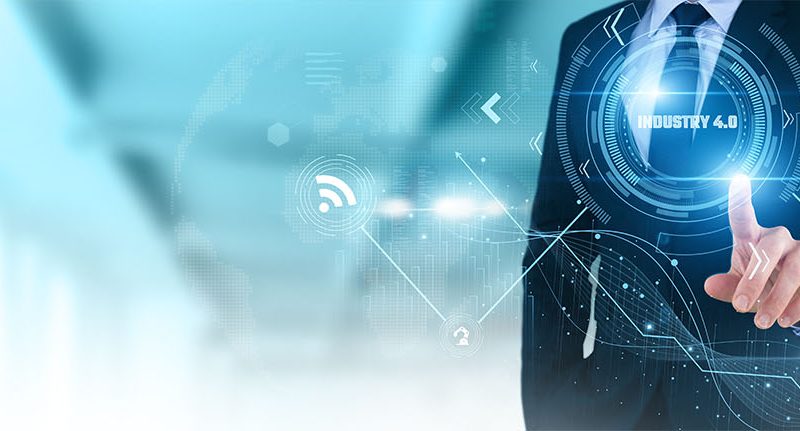Businessman in manufacturing and cyber industry working on digital screen