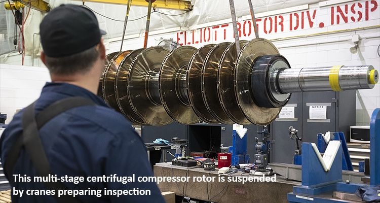 Ebara Elliott Energy is thinking generations ahead, with a strategy built to last 100 years This multi-stage centrifugal compressor rotor is suspended by cranes preparing inspection