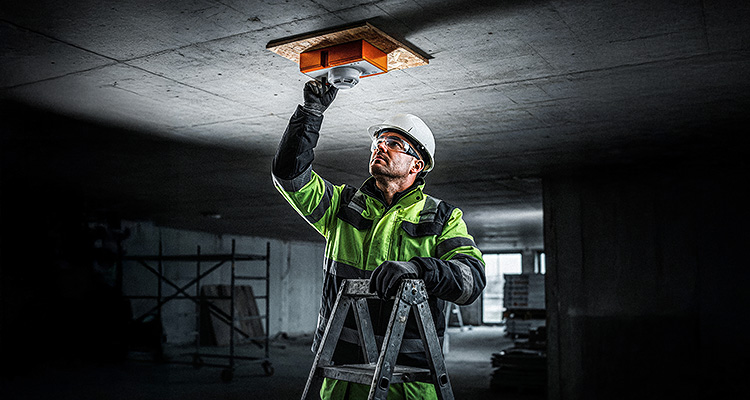 a professional electrician installing a smoke alarm or similar ceiling fixture