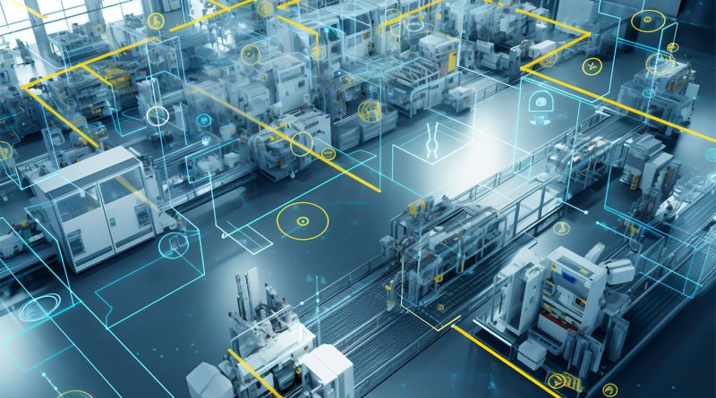 Modern industrial manufacturing facility using AI driven automation and advanced robotics on production line
