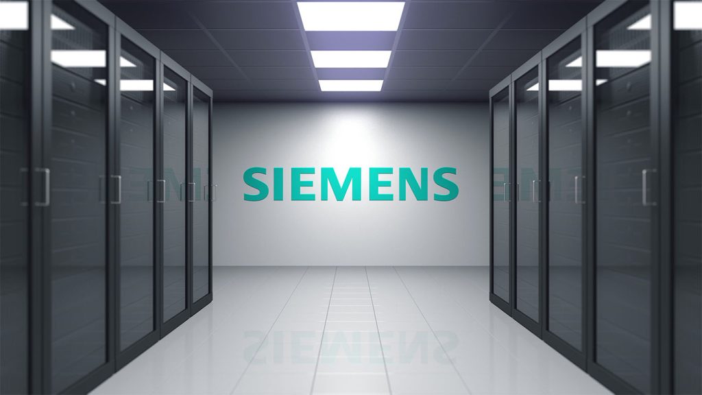 Siemens logo inside a modern server room representing industrial technology