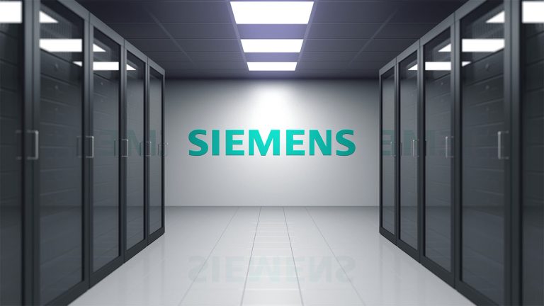 Siemens logo inside a modern server room representing industrial technology